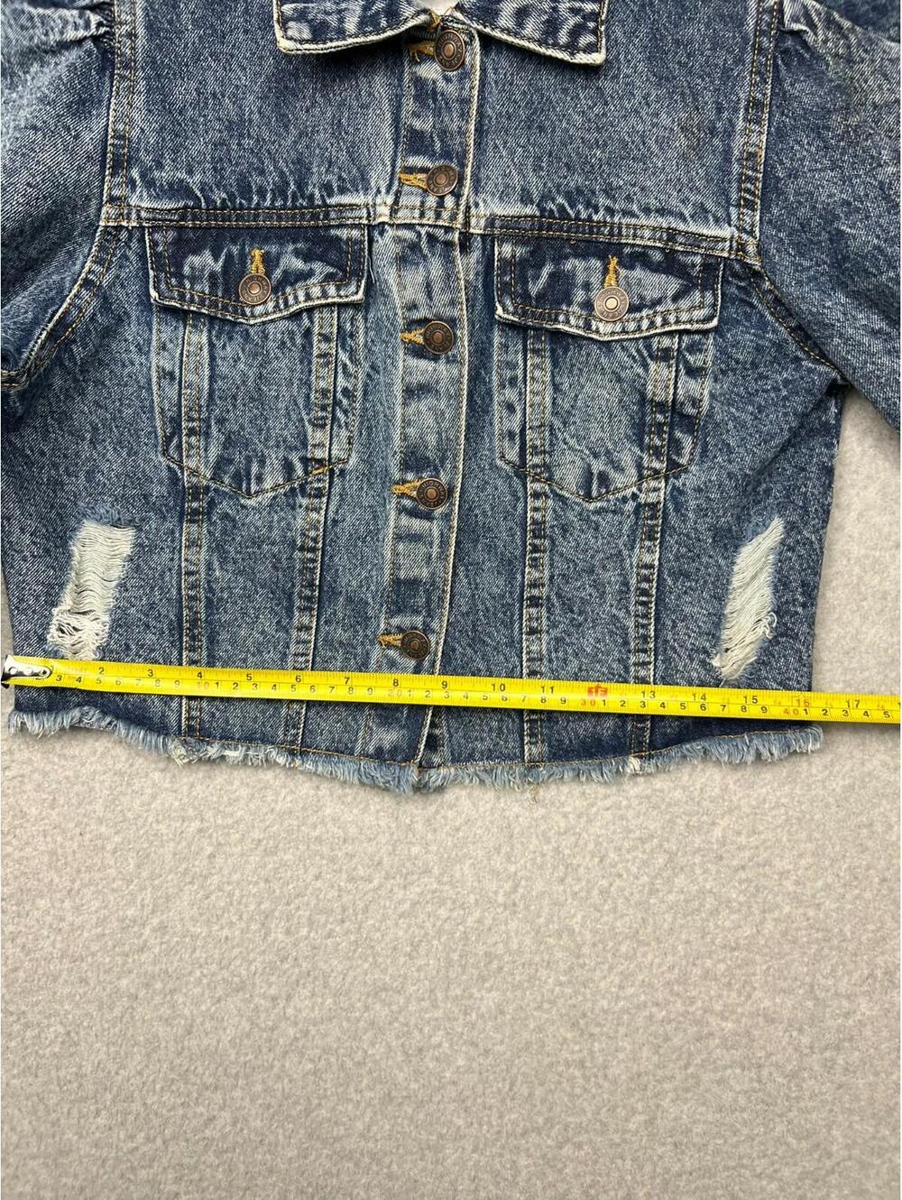 Highway Jeans Jacket Denim Puffed Sleeves Ripped Distressed Crop S USA Med Wash - Picture 5 of 7